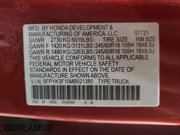 2021 Honda Ridgeline Sport with VIN 5FPYK3F10MB021380, listed as a Copart auction lot 48870685 with 52,317 mi miles and Salvage title. Bid and sale history available at DreamBid. Image 13.