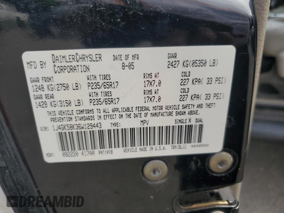2006 Jeep Liberty Limited with VIN 1J4GK58K36W129443, listed as a Copart auction lot 55801865 with 135,306 mi miles and Salvage title. Bid and sale history available at DreamBid. Image 13.