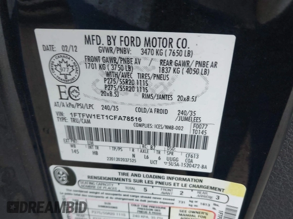 2012 Ford F-150 XL with VIN 1FTFW1ET1CFA78516, listed as a IAAI auction lot 42022899 with 191,733 mi miles. Bid and sale history available at carsss.com. Image 9.