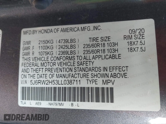 2020 Honda CR-V EX with VIN 5J6RW2H53LL038711, listed as a IAAI auction lot 41071101 with 73,694 mi miles and . Bid and sale history available at DreamBid. Image 9.