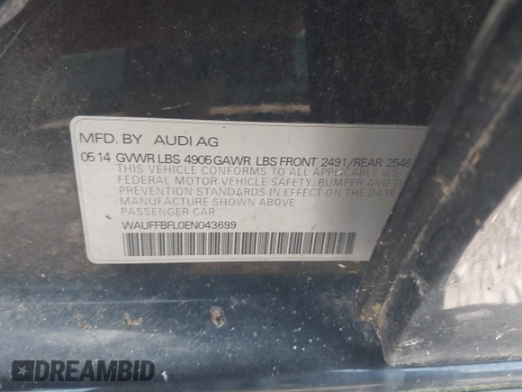 2014 Audi A4 Premium Plus with VIN WAUFFBFL0EN043699, listed as a IAAI auction lot 42766129 with 100,247 mi miles and . Bid and sale history available at DreamBid. Image 9.