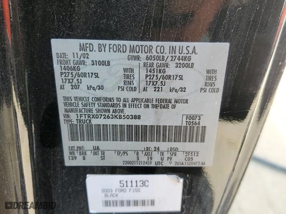 2003 Ford F-150 XL with VIN 1FTRX07263KB50388, listed as a Copart auction lot 69563634 with 0 mi miles and Non Repairable. Bid and sale history available at carsss.com. Image 13.