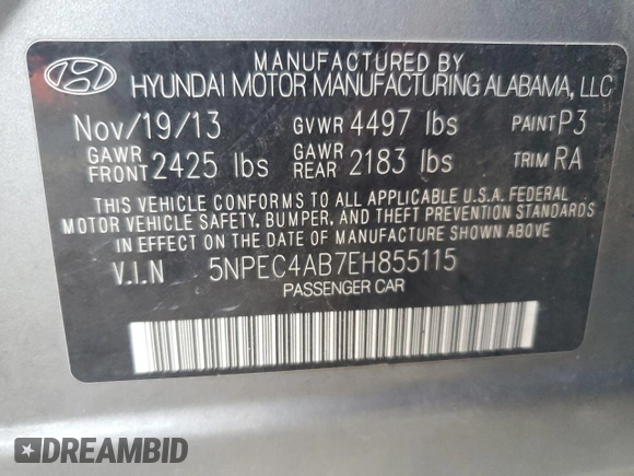 2014 Hyundai Sonata Limited with VIN 5NPEC4AB7EH855115, listed as a Copart auction lot 78449184 with Not Provided miles and Salvage Title. Bid and sale history available at DreamBid. Image 12.
