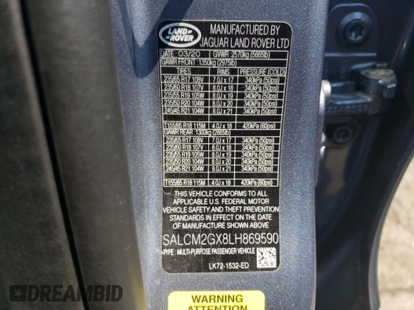 2020 Land Rover Discovery with VIN SALCM2GX8LH869590, listed as a Copart auction lot 58780584 with 28,000 mi miles and Salvage Title. Bid and sale history available at DreamBid. Image 12.