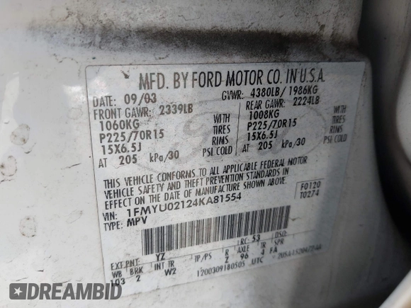 2004 Ford Escape XLS with VIN 1FMYU02124KA81554, listed as a IAAI auction lot 42117165 with 211,579 mi miles and . Bid and sale history available at DreamBid. Image 9.