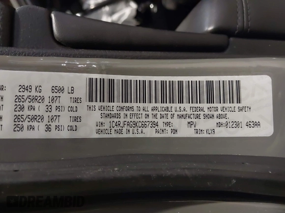 2019 Jeep Grand Cherokee Laredo E with VIN 1C4RJFAG9KC667394, listed as a IAAI auction lot 41316264 with 55,156 mi miles. Bid and sale history available at carsss.com. Image 9.