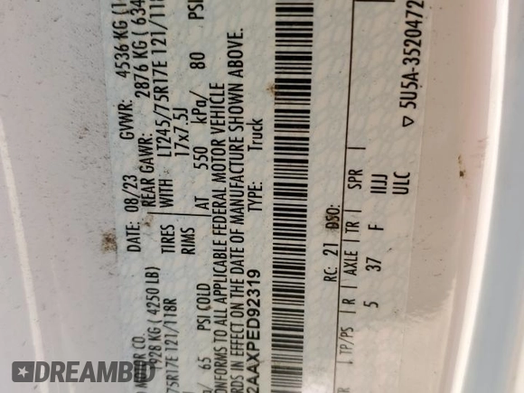 2023 Ford F-250 XL with VIN 1FT7W2AAXPED92319, listed as a Copart auction lot 81783494 with Not provided miles and Salvage title. Bid and sale history available at DreamBid. Image 14.