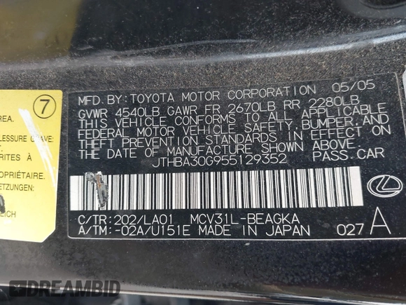 2005 Lexus ES 350 with VIN JTHBA30G955129352, listed as a IAAI auction lot 42677936 with 230,878 mi miles and . Bid and sale history available at DreamBid. Image 9.