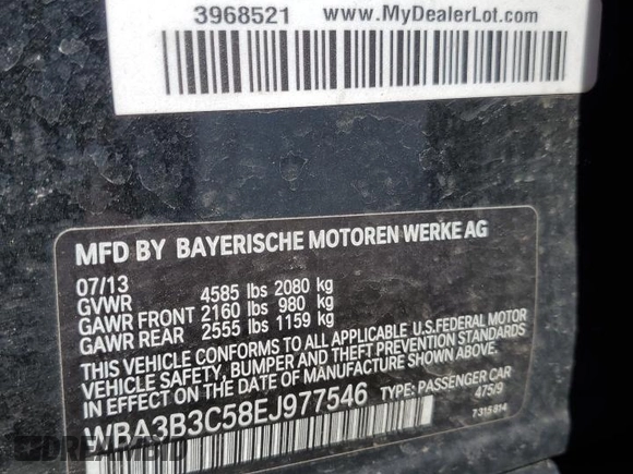 2014 BMW 3 Series 328i xDrive with VIN WBA3B3C58EJ977546, listed as a Copart auction lot 53090185 with 134,823 mi miles and Salvage Title. Bid and sale history available at DreamBid. Image 13.