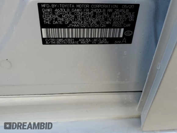 2020 Lexus IS 300 with VIN JTHAA1D21L5106126, listed as a Copart auction lot 78893234 with 9,243 mi miles and Salvage title. Bid and sale history available at DreamBid. Image 12.