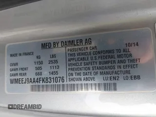 2015 Smart fortwo Passion with VIN WMEEJ9AA4FK831076, listed as a IAAI auction lot 42424797 with Not provided miles and . Bid and sale history available at DreamBid. Image 9.