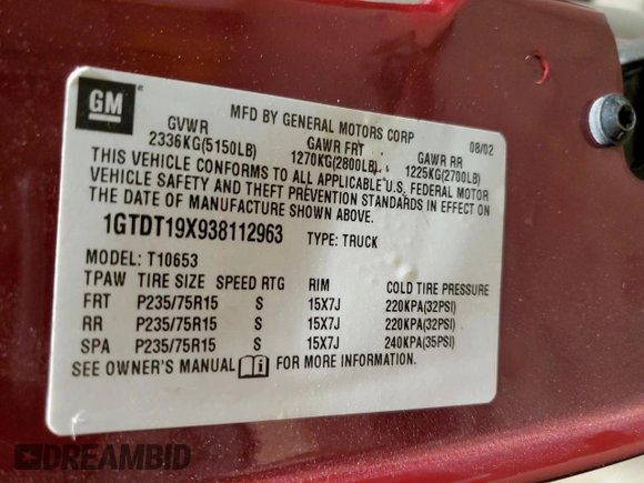 2003 GMC Sonoma SLS z VIN 1GTDT19X938112963, wystawiony jako Copart lot #82836224 z przebiegiem 94 490 mil mil oraz Szkody całkowita. Historia ofert i sprzedaży dostępna na DreamBid. Obrazek 12.