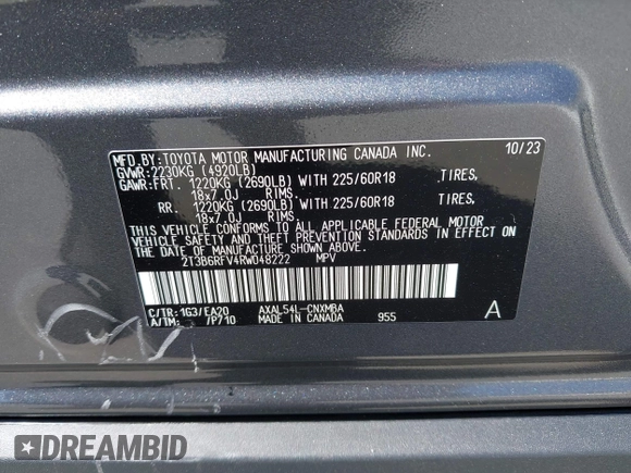 2024 Toyota RAV4 Hybrid XLE Premium with VIN 2T3B6RFV4RW048222, listed as a IAAI auction lot 42415103 with Not provided miles and . Bid and sale history available at DreamBid. Image 9.