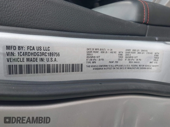 2024 Dodge Durango GT Plus with VIN 1C4RDHDG3RC189756, listed as a IAAI auction lot 41541883 with 31,150 mi miles and . Bid and sale history available at DreamBid. Image 9.