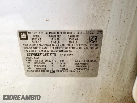 2016 Cadillac SRX Performance Collection with VIN 3GYFNCE37GS573748, listed as a Copart auction lot 57506005 with 136,605 mi miles and Salvage title. Bid and sale history available at DreamBid. Image 14.