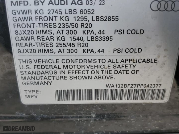 2023 Audi Q4 e-tron Sportback Premium Plus with VIN WA132BFZ7PP042377, listed as a Copart auction lot 85299204 with 28,163 mi miles and Salvage Title. Bid and sale history available at carsss.com. Image 14.