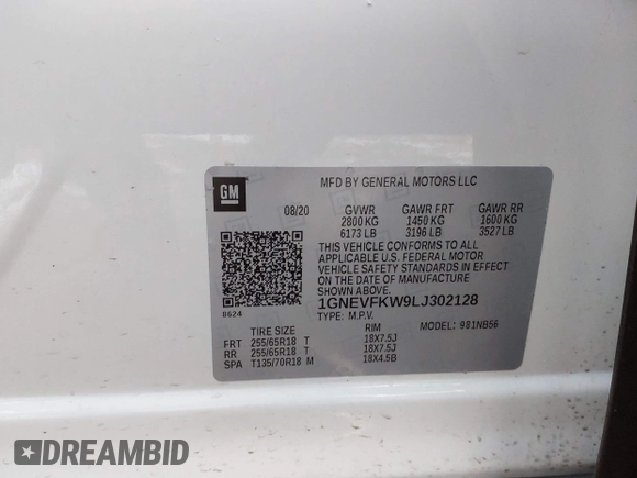 2020 Chevrolet Traverse LS with VIN 1GNEVFKW9LJ302128, listed as a IAAI auction lot 41033122 with 44,539 mi miles. Bid and sale history available at carsss.com. Image 9.