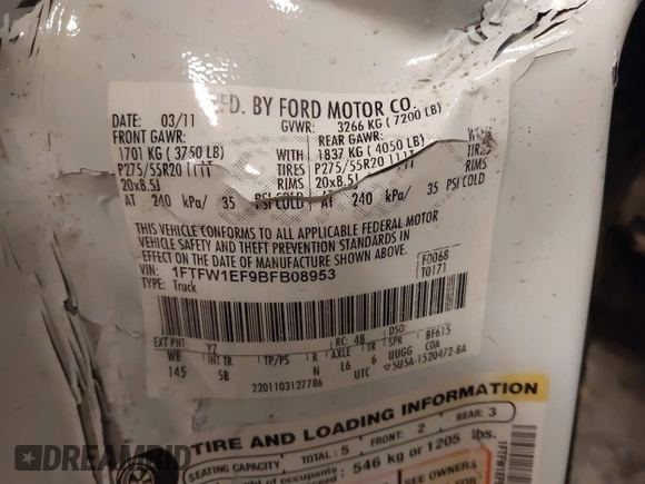 2011 Ford F-150 XL with VIN 1FTFW1EF9BFB08953, listed as a IAAI auction lot 41645026 with Not provided miles and . Bid and sale history available at DreamBid. Image 9.