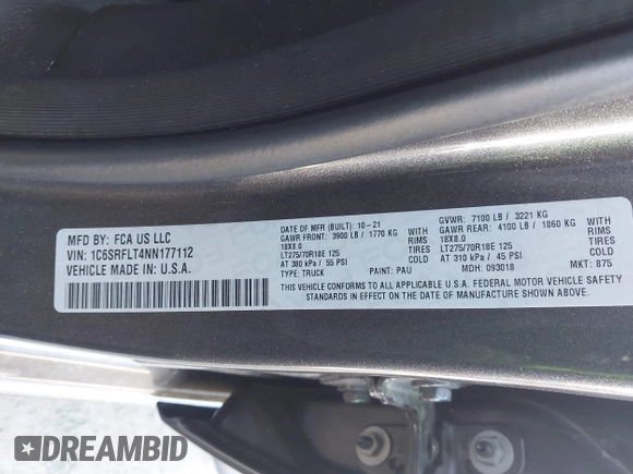 2022 Ram 1500 Rebel z VIN 1C6SRFLT4NN177112, wystawiony jako IAAI lot #42402050 z przebiegiem 26 239 mil mil oraz . Historia ofert i sprzedaży dostępna na DreamBid. Obrazek 9.