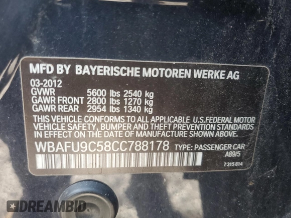 2012 BMW 5 Series 550i xDrive z VIN WBAFU9C58CC788178, wystawiony jako Copart lot #42806645 z przebiegiem 95 447 mil mil oraz Szkoda całkowita • Salvage title. Historia ofert i sprzedaży dostępna na DreamBid. Obrazek 12.