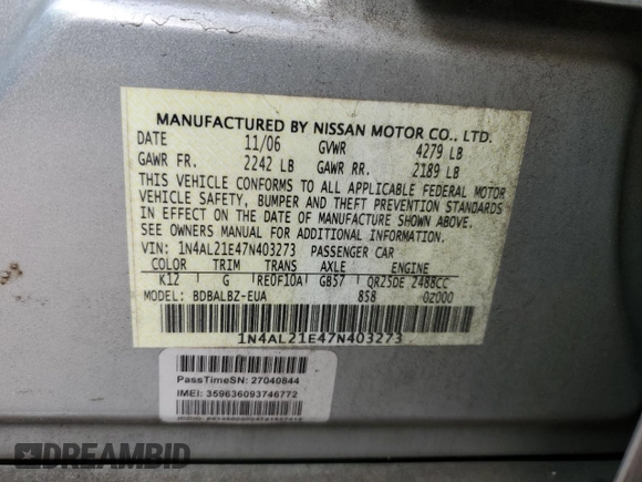 2007 Nissan Altima 2.5 with VIN 1N4AL21E47N403273, listed as a Copart auction lot 44777975 with 0 mi miles and Salvage Title. Bid and sale history available at carsss.com. Image 12.