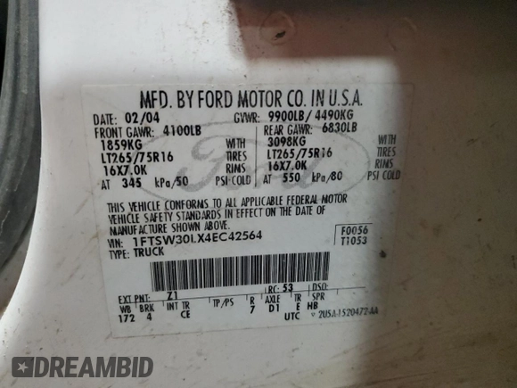 2004 Ford F-350 XL with VIN 1FTSW30LX4EC42564, listed as a Copart auction lot 86998264 with Not Provided miles and Salvage Title. Bid and sale history available at DreamBid. Image 12.