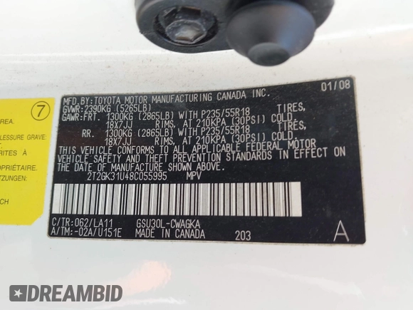 2008 Lexus RX 350 z VIN 2T2GK31U48C055995, wystawiony jako IAAI lot #42034760 z przebiegiem 110 821 mil mil oraz . Historia ofert i sprzedaży dostępna na DreamBid. Obrazek 9.