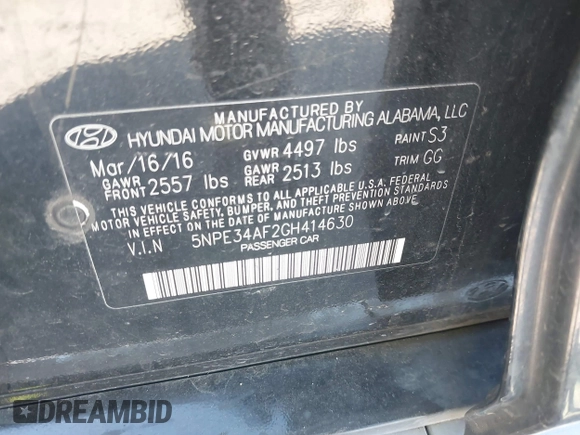 2016 Hyundai Sonata Sport with VIN 5NPE34AF2GH414630, listed as a IAAI auction lot 41653099 with 117,258 mi miles and . Bid and sale history available at DreamBid. Image 9.