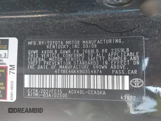 2009 Toyota Camry with VIN 4T1BE46K49U354874, listed as a IAAI auction lot 42048054 with 307,978 mi miles. Bid and sale history available at carsss.com. Image 9.