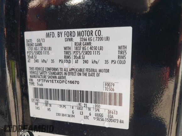 2013 Ford F-150 XL with VIN 1FTFW1ETXDFC16670, listed as a IAAI auction lot 41640420 with 192,677 mi miles. Bid and sale history available at carsss.com. Image 9.