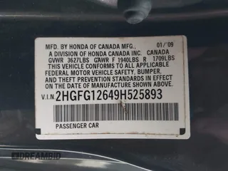 2009 Honda Civic Cpe LX with VIN 2HGFG12649H525893, listed as a IAAI auction lot 41562520 with 265,157 mi miles. Bid and sale history available at carsss.com. Image 9.
