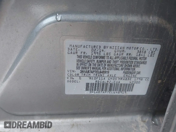 2014 Nissan Sentra S with VIN 3N1AB7AP7EL648919, listed as a IAAI auction lot 42188235 with 71,240 mi miles and . Bid and sale history available at DreamBid. Image 9.