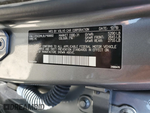 2020 Volvo S90 Inscription with VIN LVYA22ML8LP168892, listed as a Copart auction lot 60317323 with 50,152 mi miles. Bid and sale history available at carsss.com. Image 13.