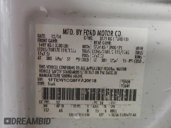 2015 Ford F-150 XL with VIN 1FTEW1CG8FFA20618, listed as a Copart auction lot 81636364 with 199,570 mi miles and Salvage Title. Bid and sale history available at carsss.com. Image 13.