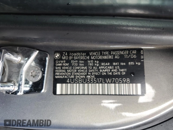 2007 BMW Z4 3.0i with VIN 4USBU33517LW70598, listed as a Copart auction lot 48433985 with 0 mi miles and Salvage Title. Bid and sale history available at carsss.com. Image 12.