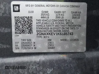 2019 Chevrolet Equinox LT with VIN 2GNAXKEV1K6185743, listed as a IAAI auction lot 40847405 with 58,722 mi miles and . Bid and sale history available at DreamBid. Image 9.