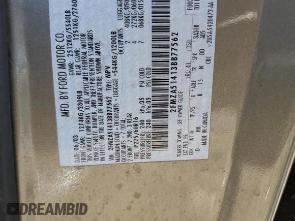 2003 Ford Windstar LX with VIN 2FMZA51413BB77562, listed as a Copart auction lot 56861095 with 170,562 mi miles and Salvage title. Bid and sale history available at DreamBid. Image 13.