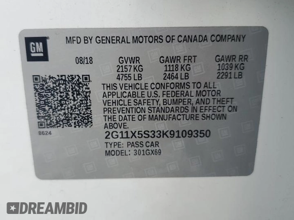 2019 Chevrolet Impala LS with VIN 2G11X5S33K9109350, listed as a Copart auction lot 56450935 with 80,726 mi miles and Non repairable. Bid and sale history available at DreamBid. Image 13.