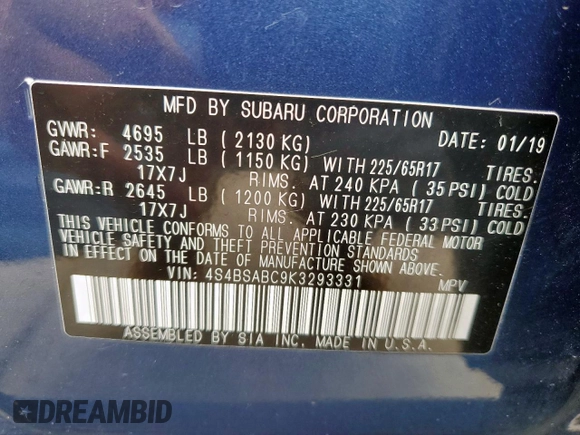 2019 Subaru Outback with VIN 4S4BSABC9K3293331, listed as a Copart auction lot 58849785 with 98,646 mi miles and Salvage title. Bid and sale history available at DreamBid. Image 14.