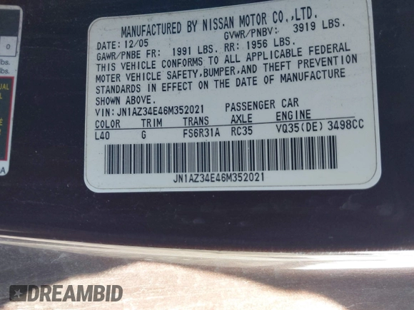 2006 Nissan 350Z Touring z VIN JN1AZ34E46M352021, wystawiony jako IAAI lot #42071456 z przebiegiem 163 900 mil mil oraz . Historia ofert i sprzedaży dostępna na DreamBid. Obrazek 9.