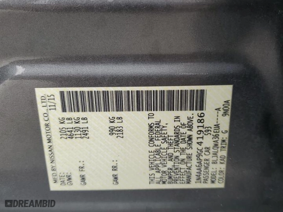 2016 Nissan Maxima 3.5 SL with VIN 1N4AA6AP9GC419186, listed as a Copart auction lot 64378014 with 0 mi miles and Salvage Title. Bid and sale history available at carsss.com. Image 12.