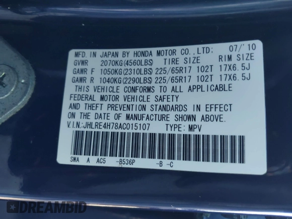 2010 Honda CR-V EX-L with VIN JHLRE4H78AC015107, listed as a IAAI auction lot 42791915 with 213,923 mi miles and . Bid and sale history available at DreamBid. Image 9.