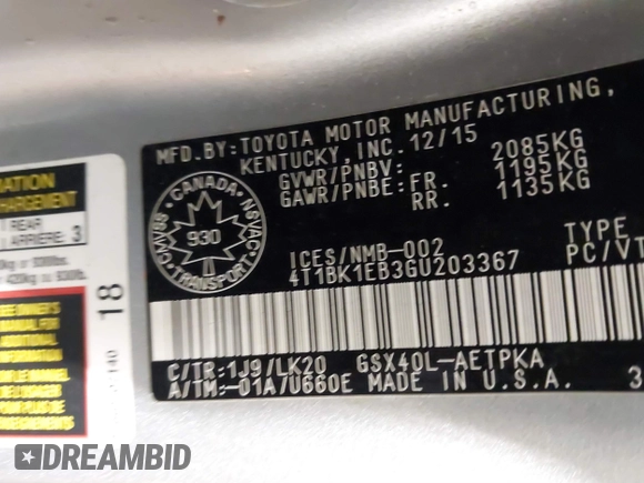 2016 Toyota Avalon Limited with VIN 4T1BK1EB3GU203367, listed as a IAAI auction lot 41816265 with 72,481 mi miles and . Bid and sale history available at carsss.com. Image 9.