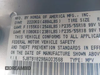 2008 Acura RDX with VIN 5J8TB18298A003568, listed as a IAAI auction lot 41809659 with 220,828 mi miles. Bid and sale history available at carsss.com. Image 9.