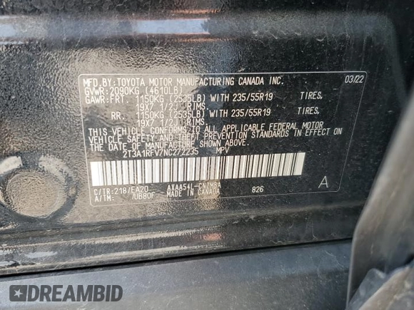 2022 Toyota RAV4 XLE Premium with VIN 2T3A1RFV7NC272235, listed as a Copart auction lot 59426215 with Not provided miles and Salvage title. Bid and sale history available at DreamBid. Image 13.