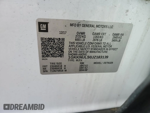 2018 GMC Acadia SLT with VIN 1GKKNULS0JZ183139, listed as a Copart auction lot 51170175 with 103,279 mi miles and Salvage Title. Bid and sale history available at DreamBid. Image 15.