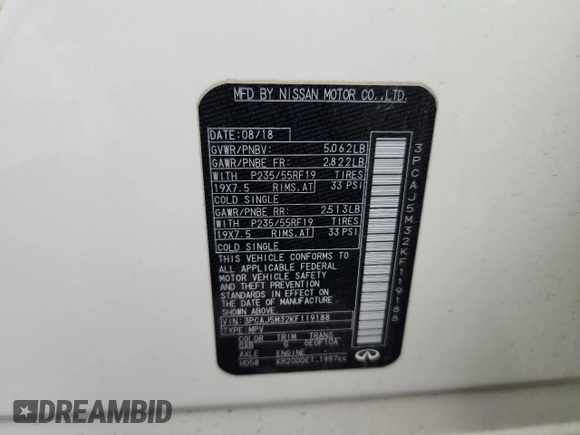 2019 Infiniti QX50 Luxe z VIN 3PCAJ5M32KF119188, wystawiony jako Copart lot #59585655 z przebiegiem 104 987 mil mil oraz Szkoda całkowita • Salvage title. Historia ofert i sprzedaży dostępna na DreamBid. Obrazek 13.