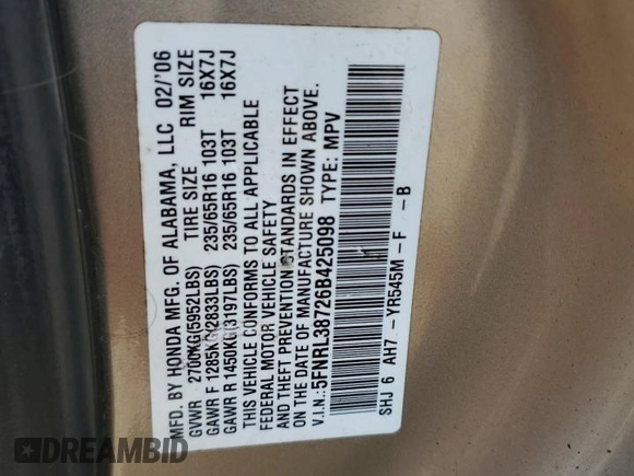 2006 Honda Odyssey EX-L z VIN 5FNRL38726B425098, wystawiony jako Copart lot #56143585 z przebiegiem 153 137 mil mil oraz Szkoda całkowita • Salvage title. Historia ofert i sprzedaży dostępna na DreamBid. Obrazek 13.