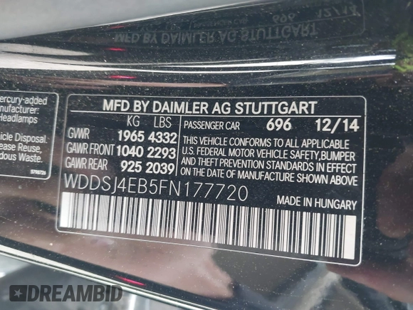 2015 Mercedes-Benz CLA 250 with VIN WDDSJ4EB5FN177720, listed as a IAAI auction lot 41797038 with 128,722 mi miles and . Bid and sale history available at DreamBid. Image 9.