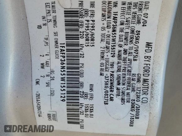 2005 Ford Focus SE with VIN 1FAFP36N55W155129, listed as a Copart auction lot 52940795 with 111,400 mi miles and Salvage Title. Bid and sale history available at carsss.com. Image 12.